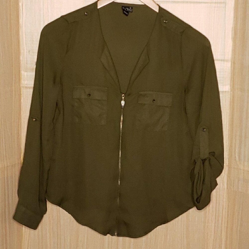 Windsor Womens Green Silky Semi Sheer Full Zip Blouse Medium